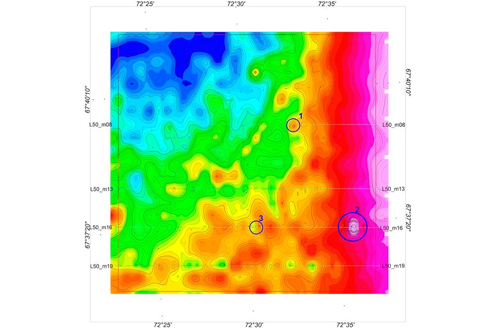 Карта изолиний аномального магнитного поля на высоте 120 м